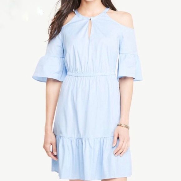 Ann Taylor Dresses & Skirts - Ann Taylor Striped Poplin Keyhole Cold Shoulder Bell Sleeve Ruffled Dress Blue